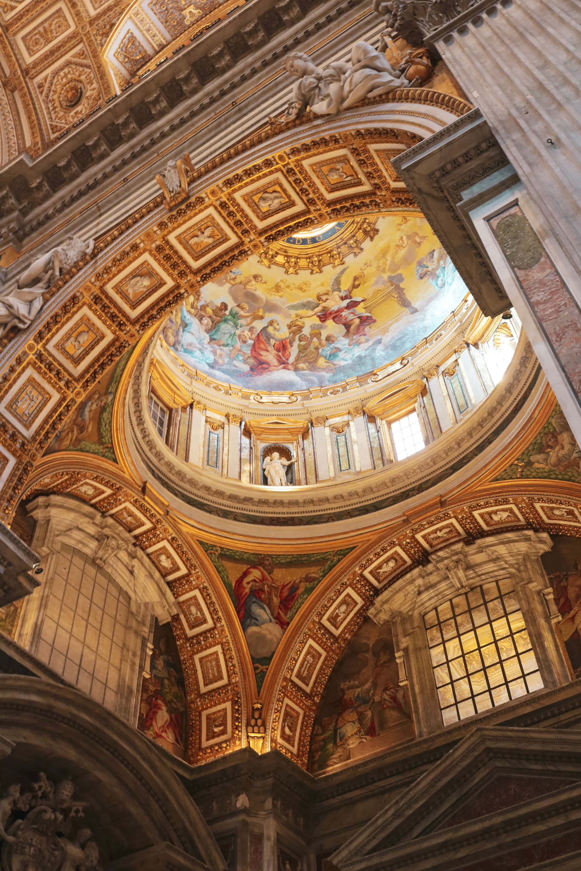 Ancient Roman St. Peter's Basilica Dome, golden frescoes, marble columns, 2K Phone Wallpaper
