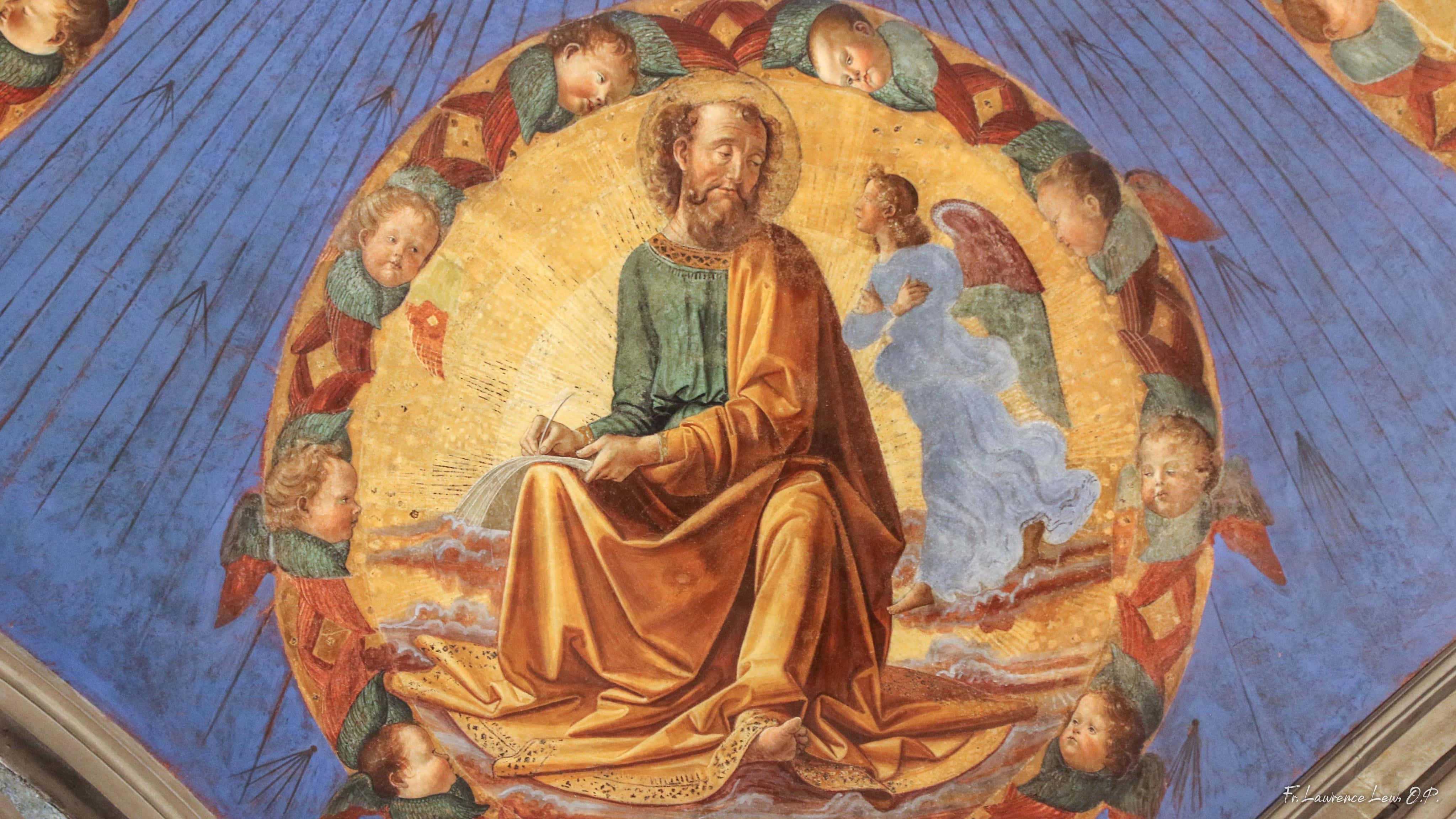 Catholic desktop, golden haloed saint, green robe, 4K Desktop Wallpaper