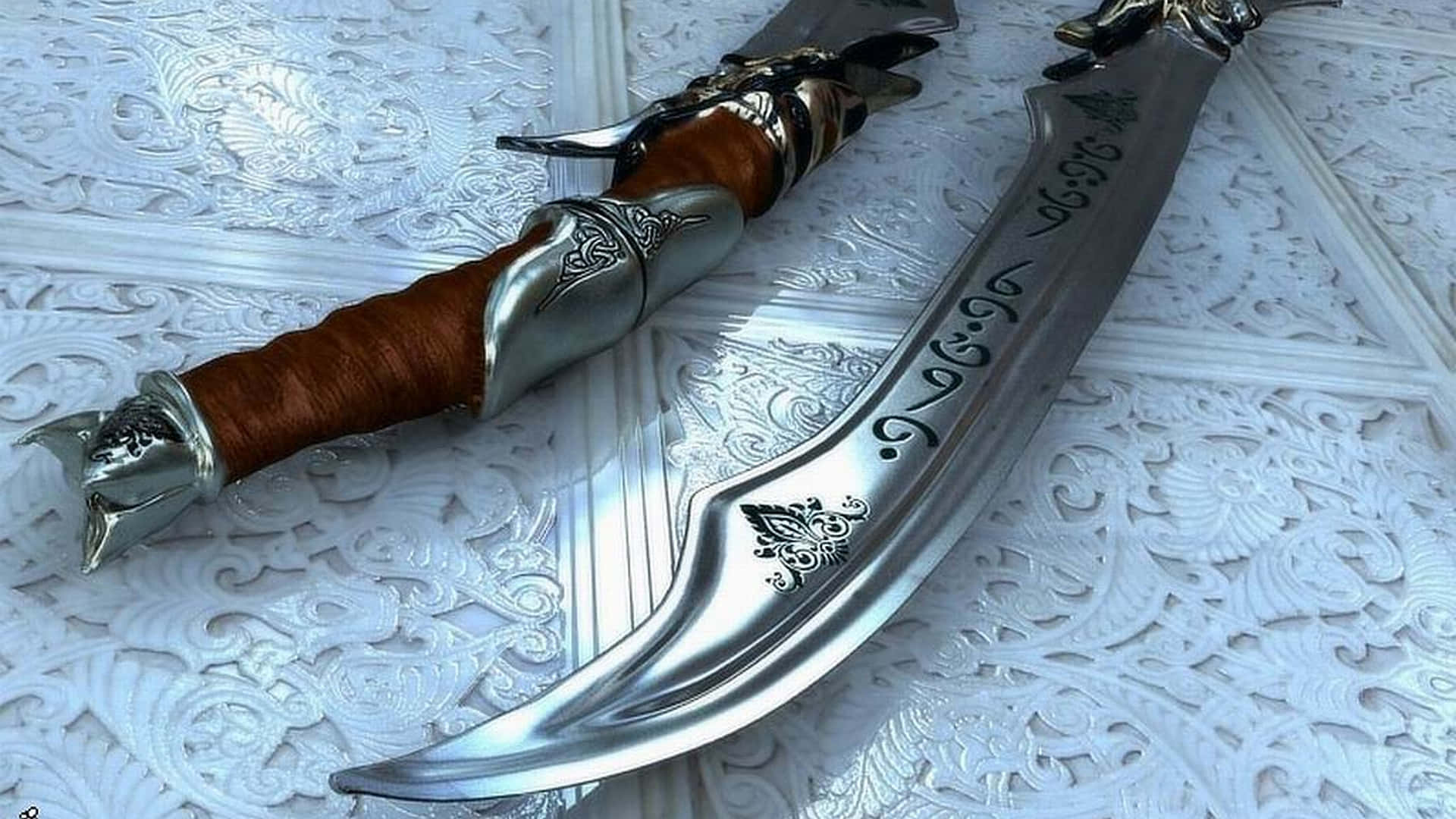 Ancient Weapons, curved ornate silver sword, brown leather grip, Full HD Desktop Wallpaper