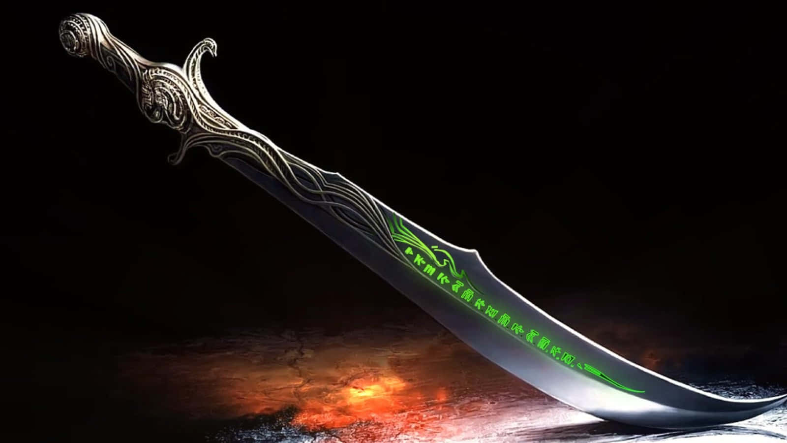Ancient Weapons, glowing green runes, fiery cracked surface, HD Desktop Wallpaper