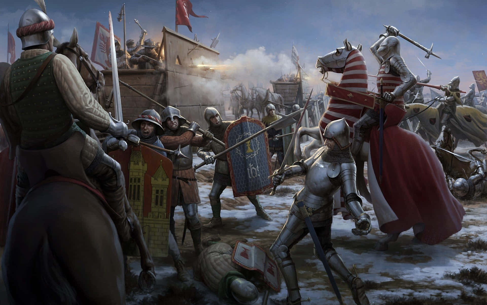 Ancient Weapons, Medieval knights, snowy battlefield, Full HD Desktop Wallpaper