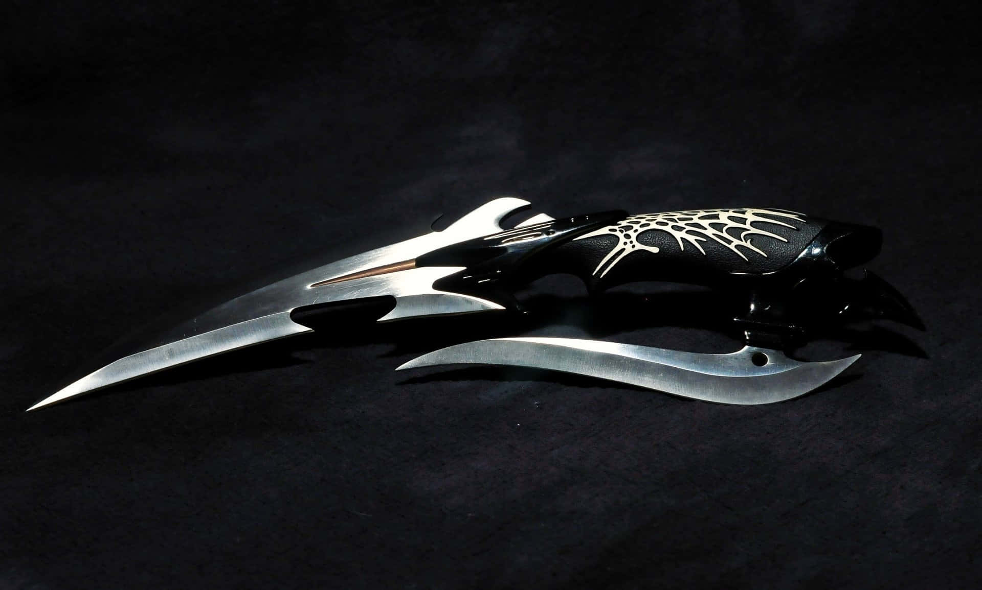 Ancient Weapons, sleek black and silver tactical knife, ornate white detailing, Full HD Desktop Wallpaper