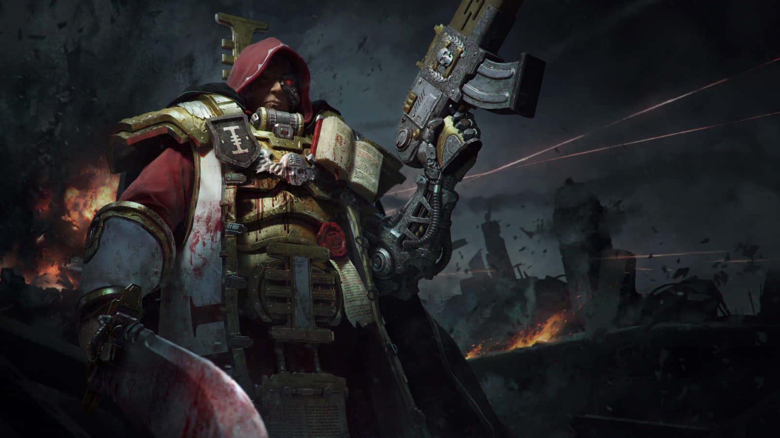 Ancient Weapons, red and gold armor, massive weapon, HD Desktop Wallpaper