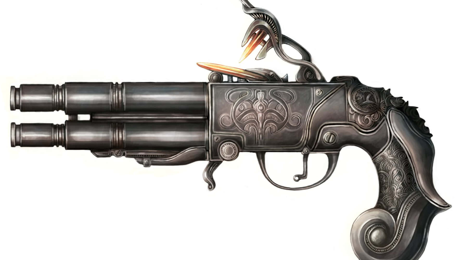 steampunk pistol, twin barrels, intricate filigree details, Full HD Desktop Wallpaper