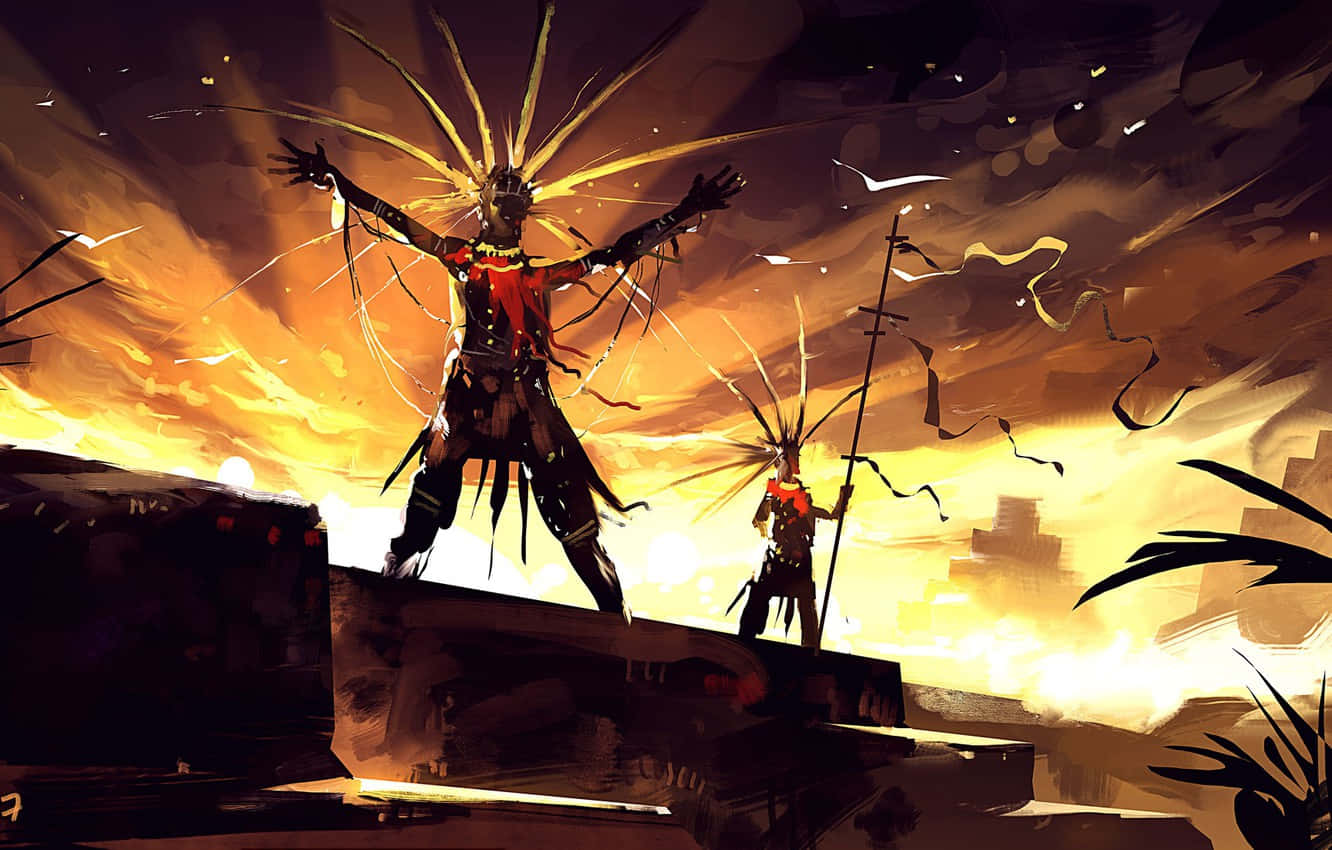 aztec warrior, radiant spiky crowns, ruins, HD Desktop Wallpaper
