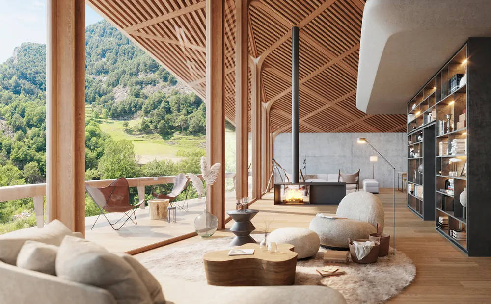Andorra, modern wooden cabin, roaring fireplace, SD Desktop Wallpaper