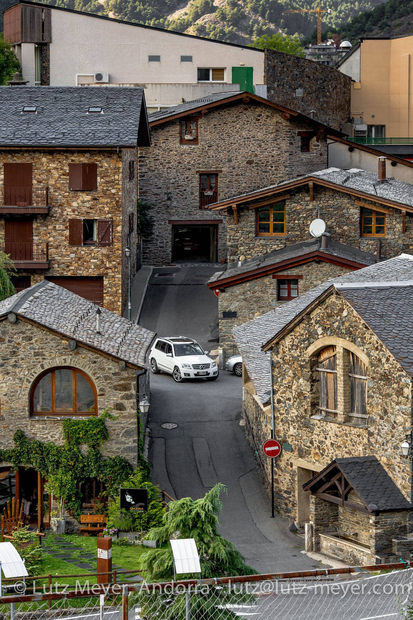 Andorra, white SUV, narrow winding street, Full HD Phone Wallpaper