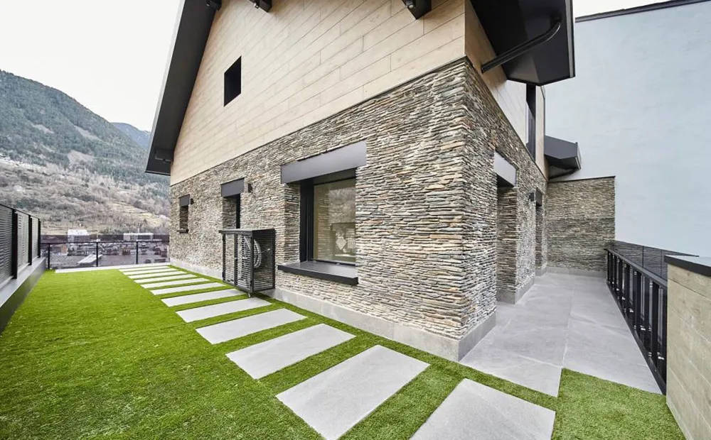 Simple House Andorra, modern stone and wood house, geometric stone path, SD Desktop Wallpaper