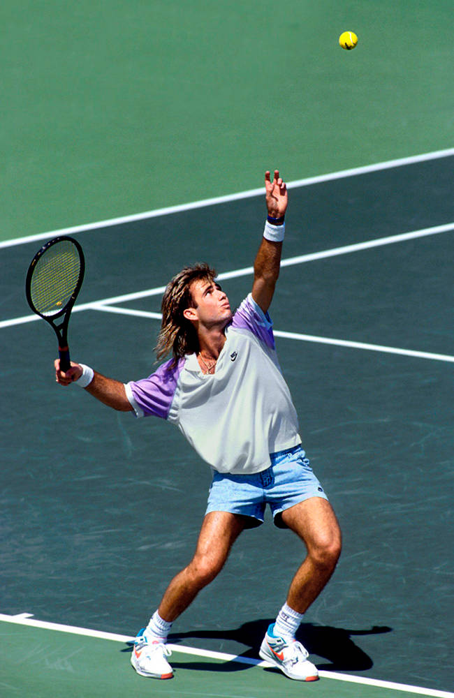 Andre Agassi, yellow ball, green court, SD Phone Wallpaper