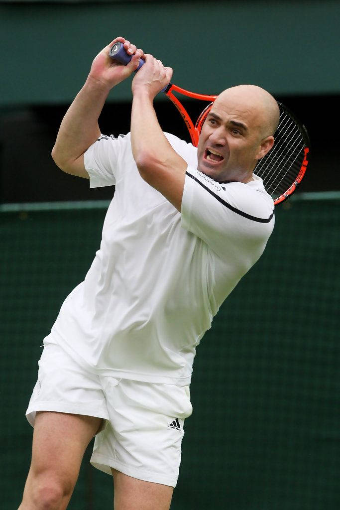 Andre Agassi, white tennis outfit, red racket, SD Phone Wallpaper