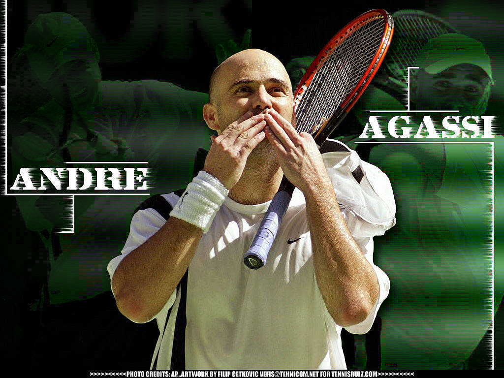 Andre Agassi, white tennis gear, racket, SD Desktop Wallpaper