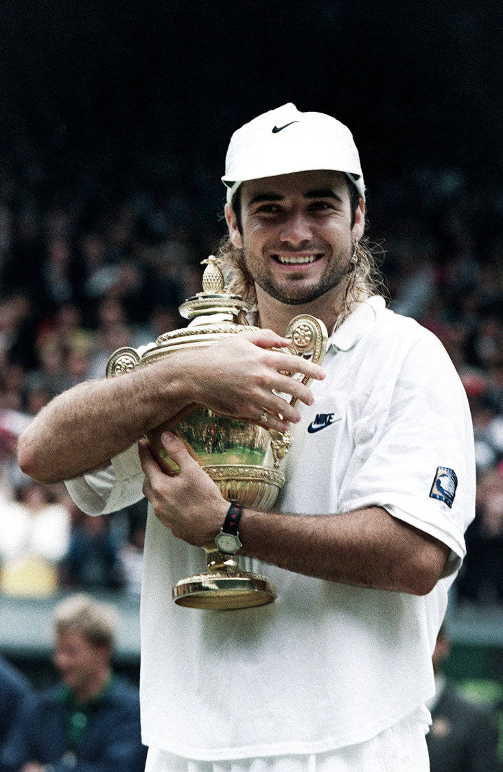 Andre Agassi, 1994 US Open Trophy, white gear, SD Phone Wallpaper