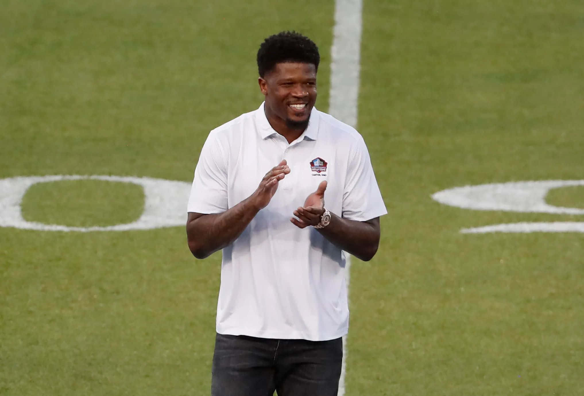 Andre Johnson, white polo shirt, green football field, Full HD Desktop Wallpaper