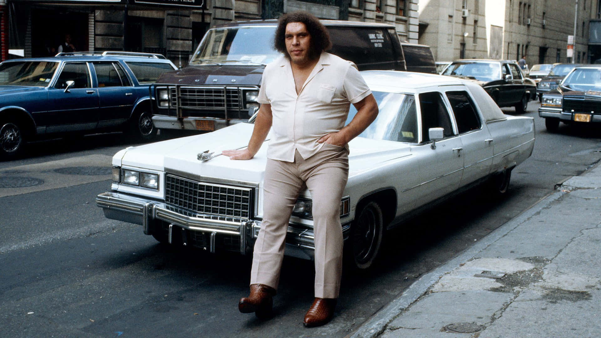 Andre The Giant, white Cadillac, bustling city street, Full HD Desktop Wallpaper