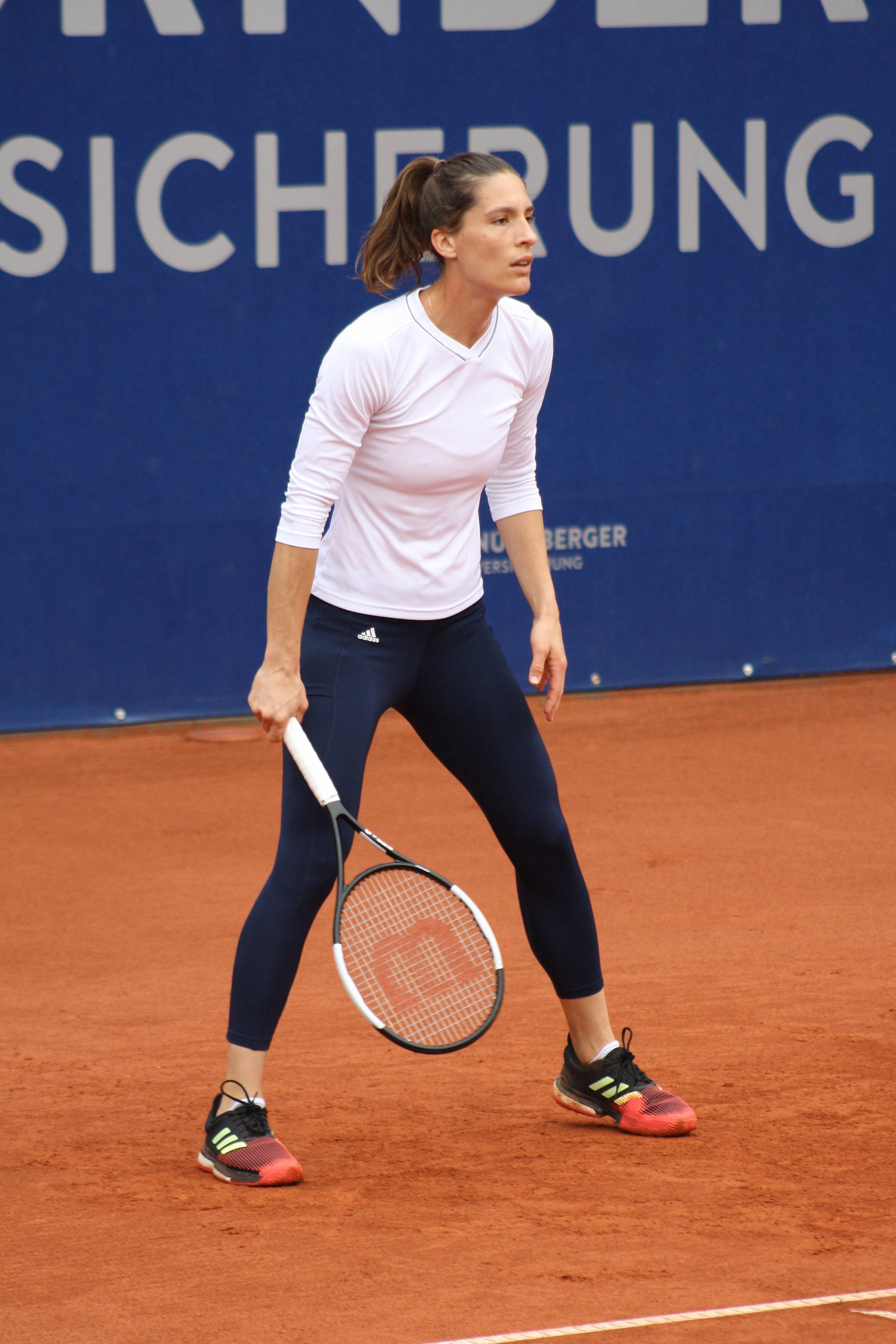 Andrea Petkovic, white top, navy leggings, 4K Phone Wallpaper