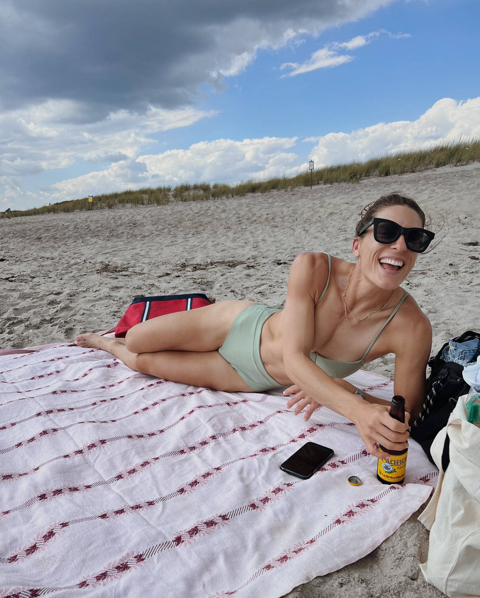 Andrea Petkovic, green bikini, patterned beach towel, Full HD Phone Wallpaper