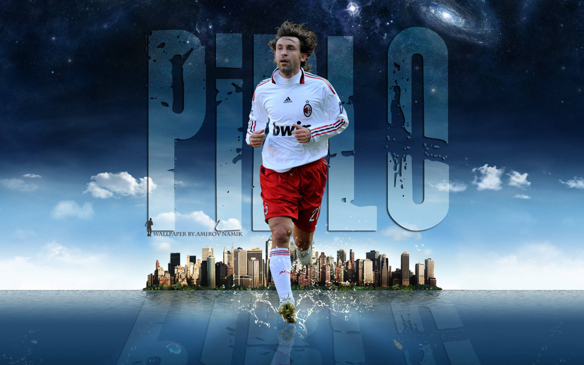 Andrea Pirlo, red shorts, cityscape, Full HD Desktop Wallpaper