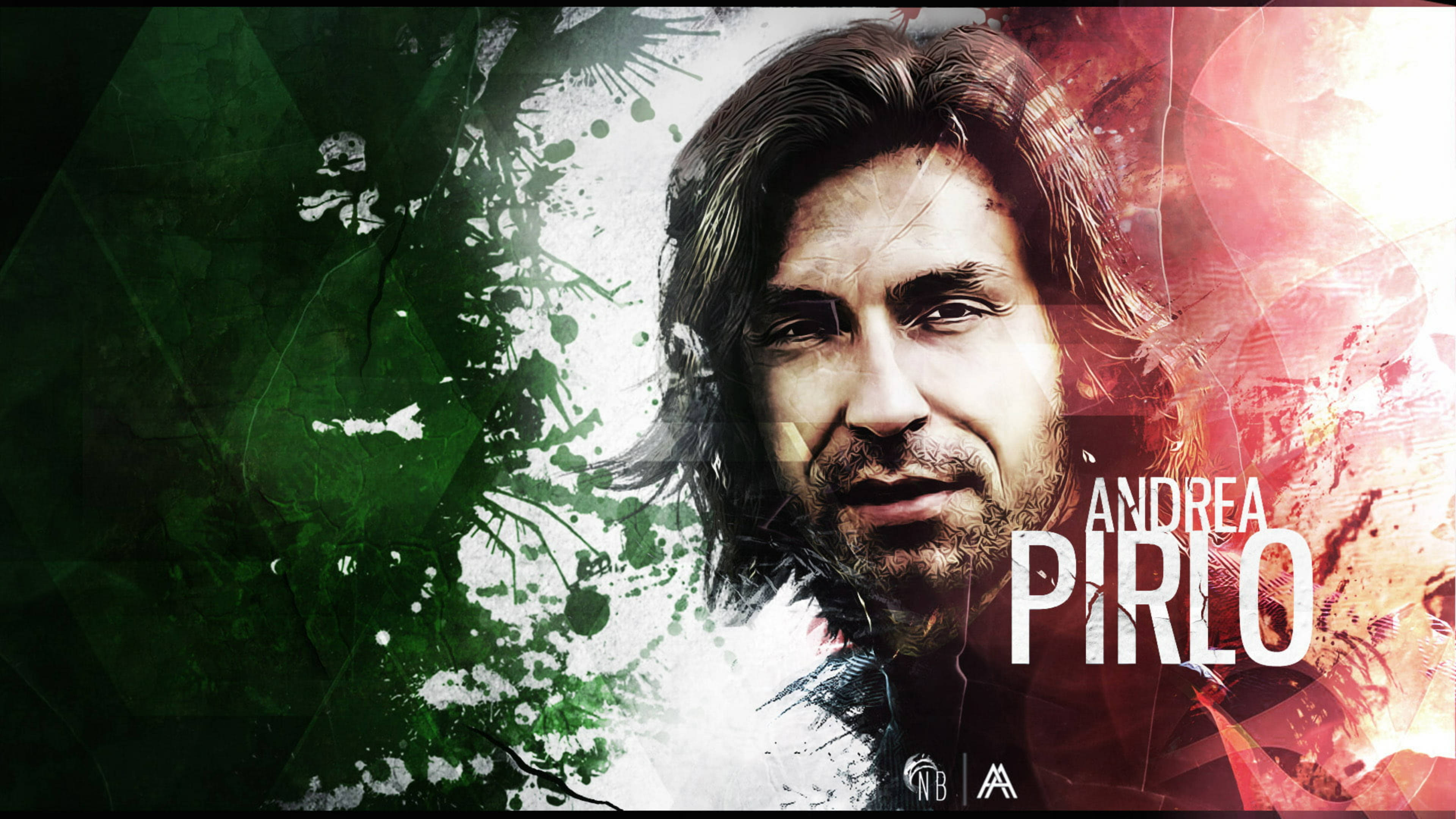 Andrea Pirlo, tri color, green paint splatters, 4K Desktop Wallpaper