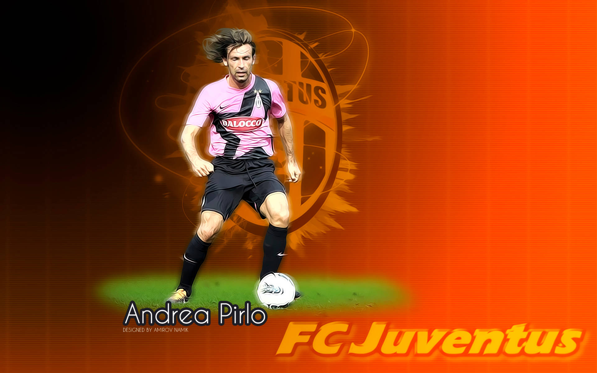 Andrea Pirlo, pink and black jersey, fiery orange gradient background, Full HD Desktop Wallpaper