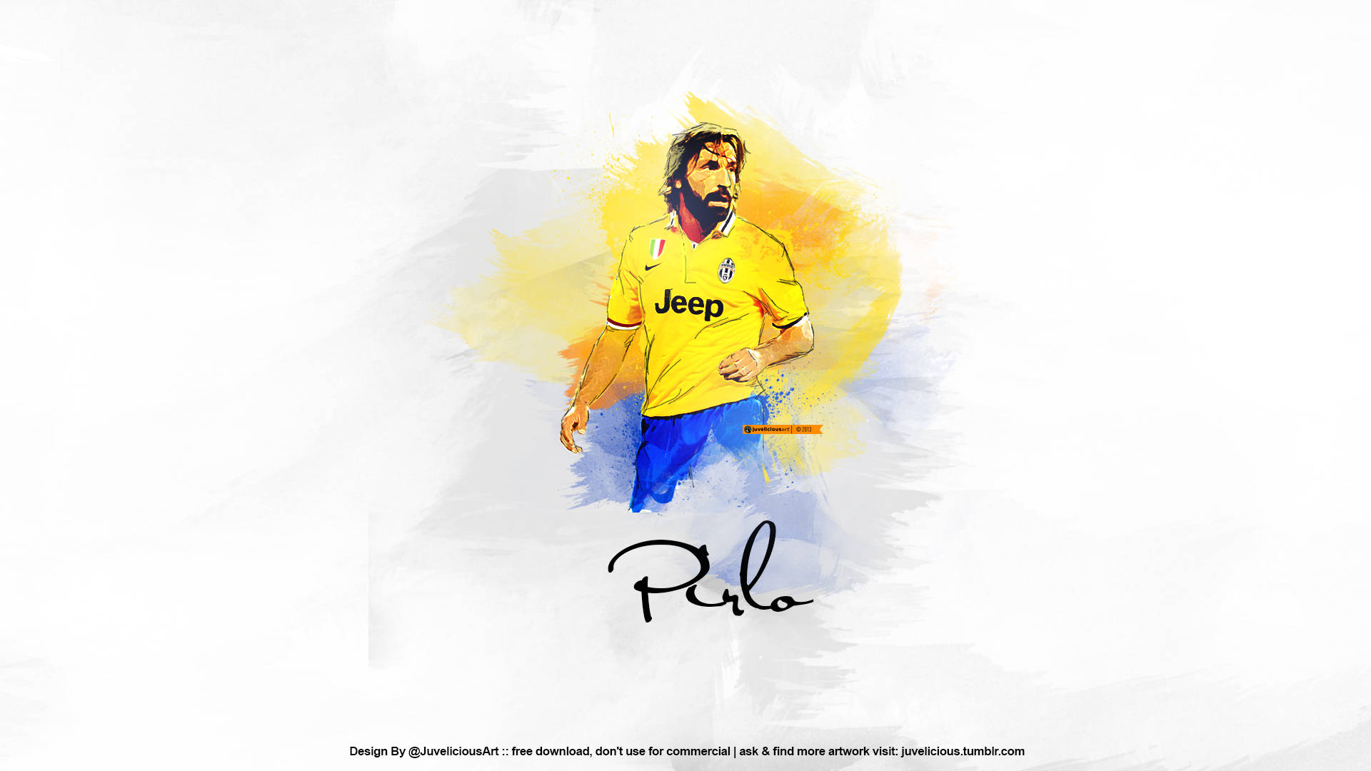 Andrea Pirlo, yellow Juventus jersey, vibrant watercolor illustration, Full HD Desktop Wallpaper
