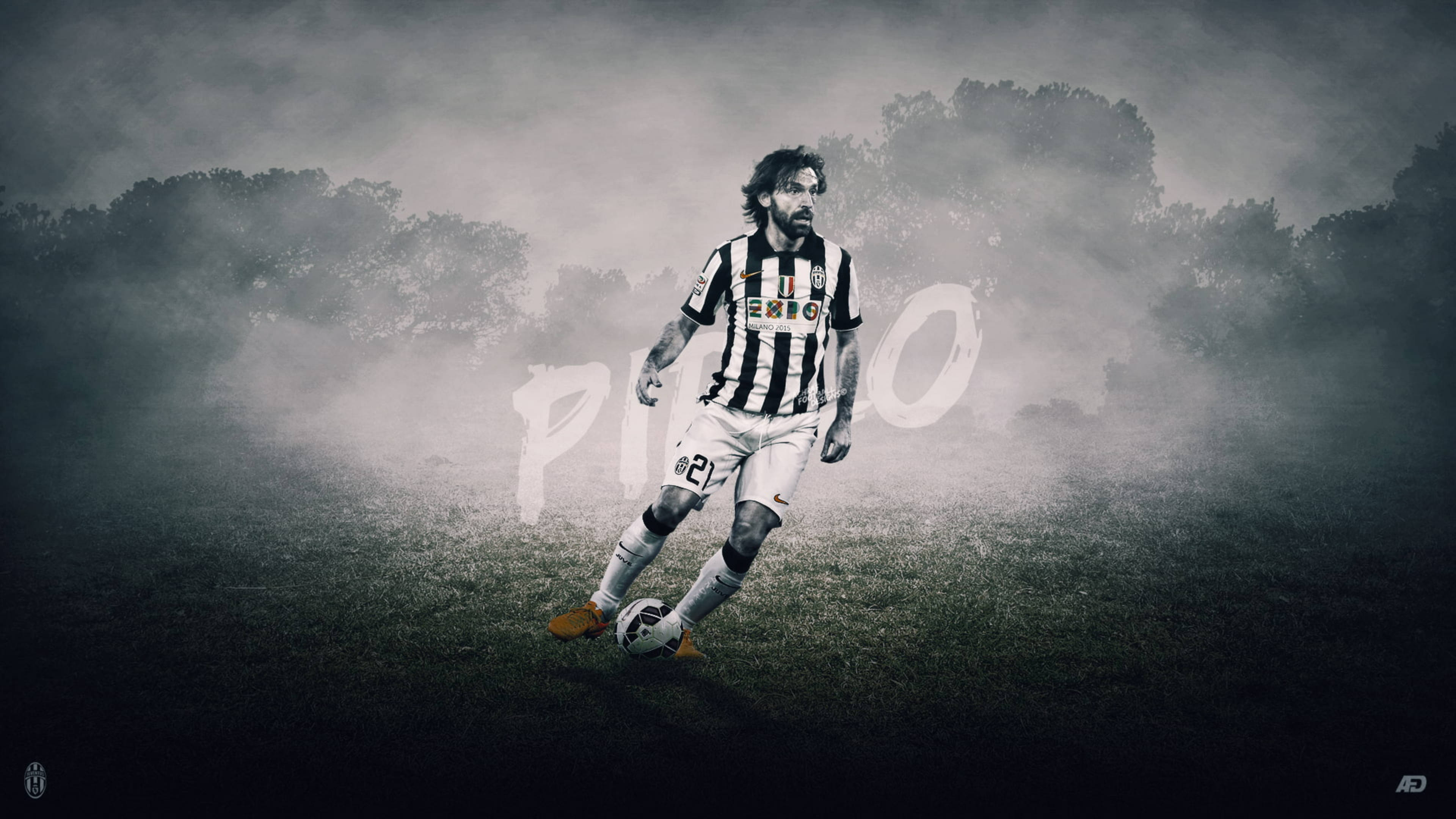 Andrea Pirlo, black and white striped jersey, misty trees, 4K Desktop Wallpaper