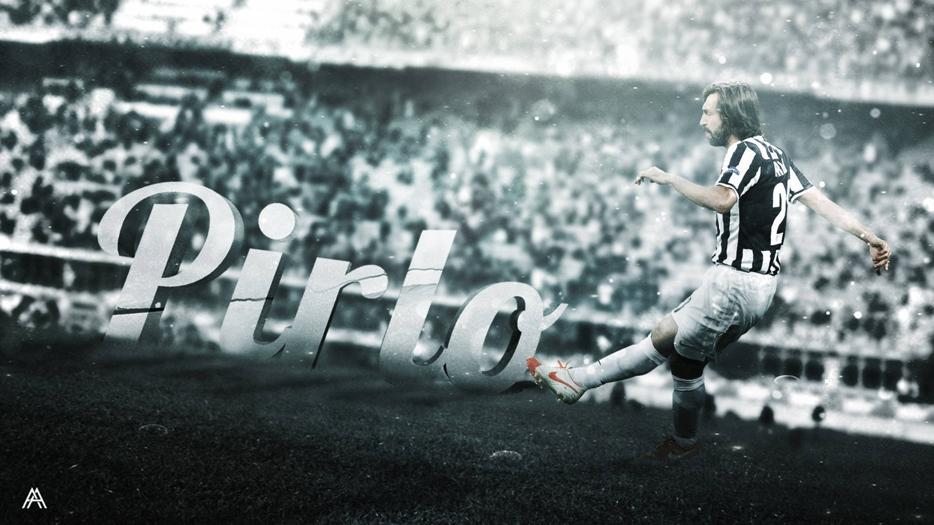 Andrea Pirlo, black and white striped jersey, stadium field, Full HD Desktop Wallpaper