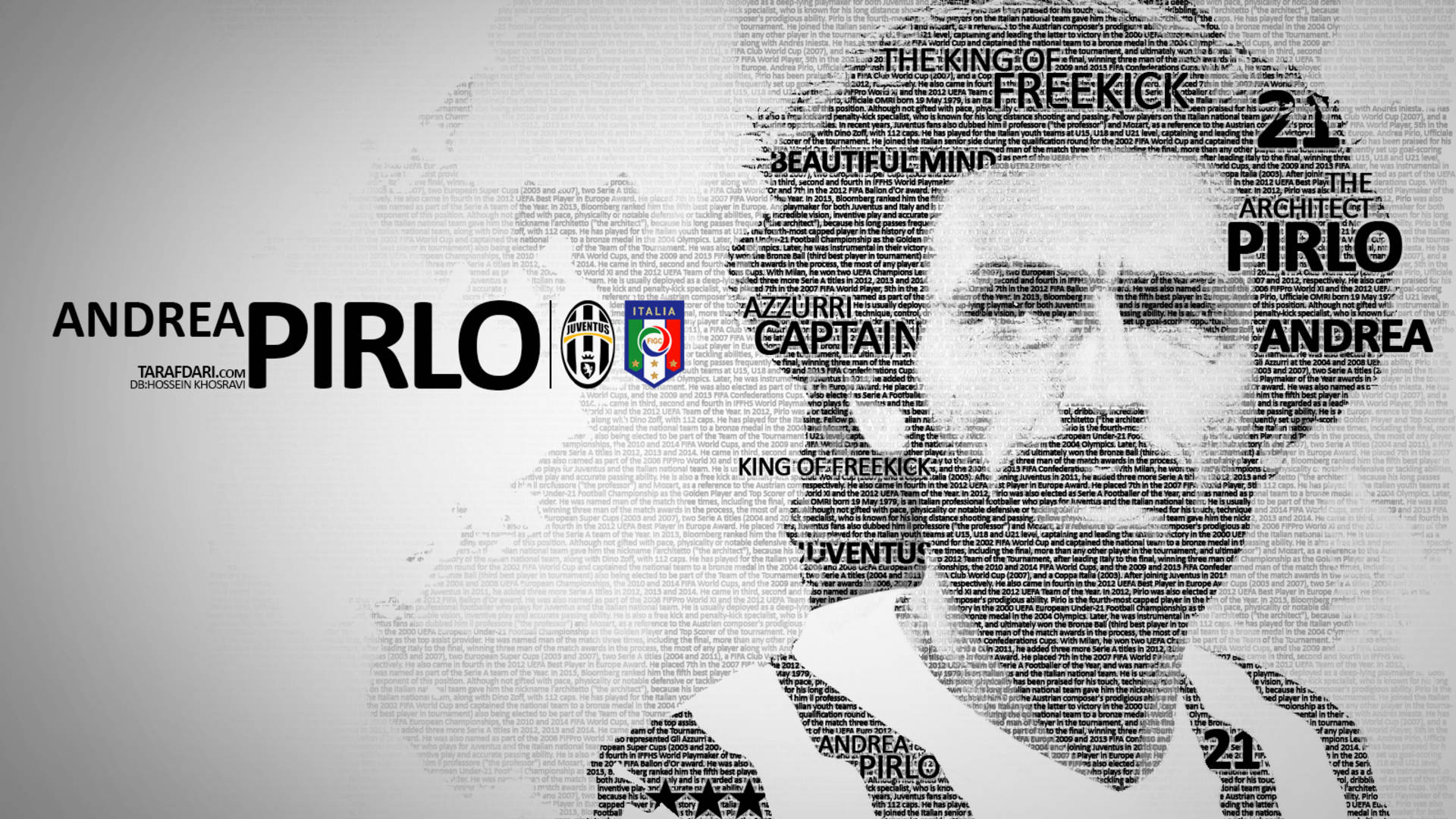 Andrea Pirlo, greyscale, word cloud, Full HD Desktop Wallpaper