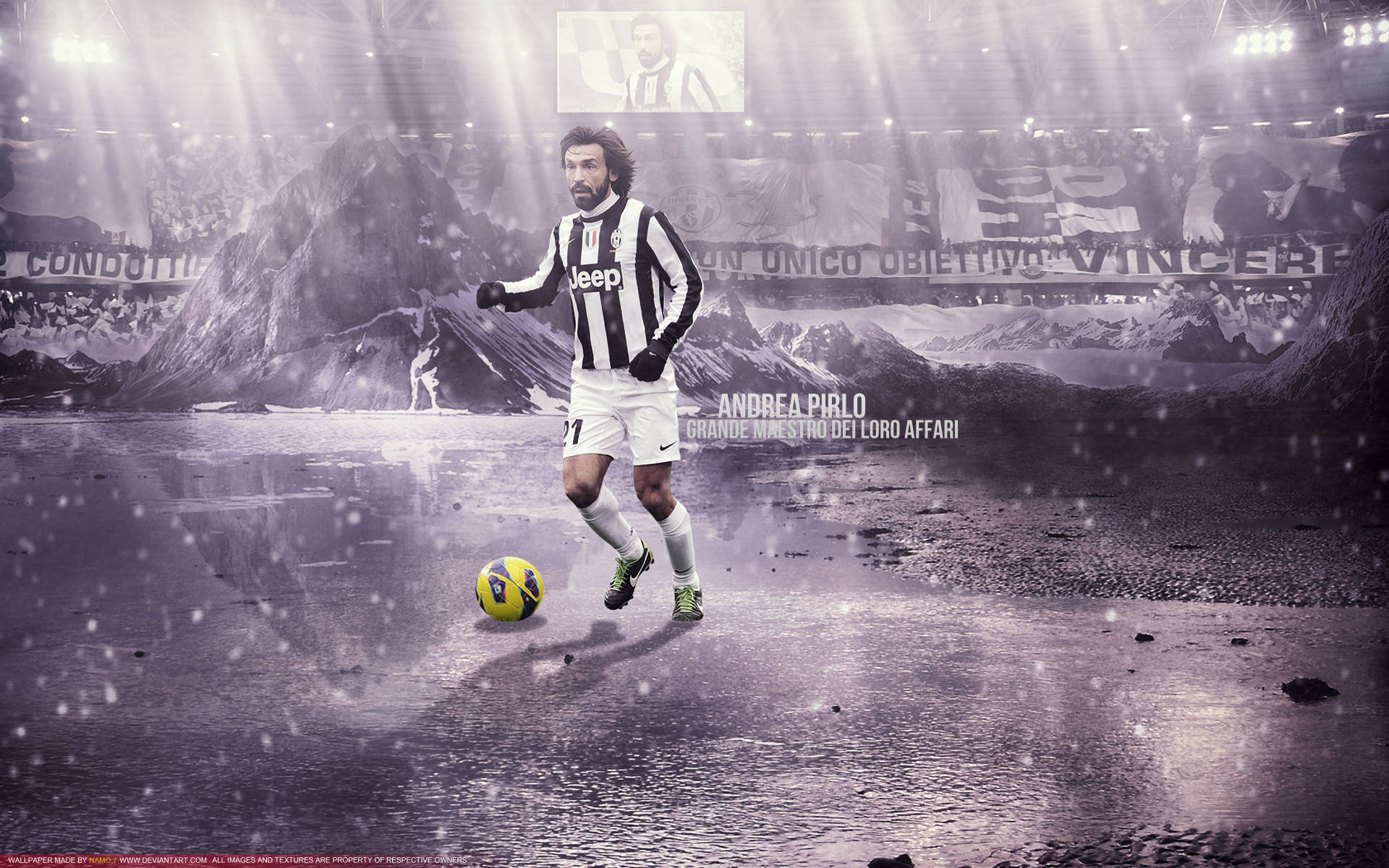 Andrea Pirlo, black and white striped jersey, yellow ball, Full HD Desktop Wallpaper