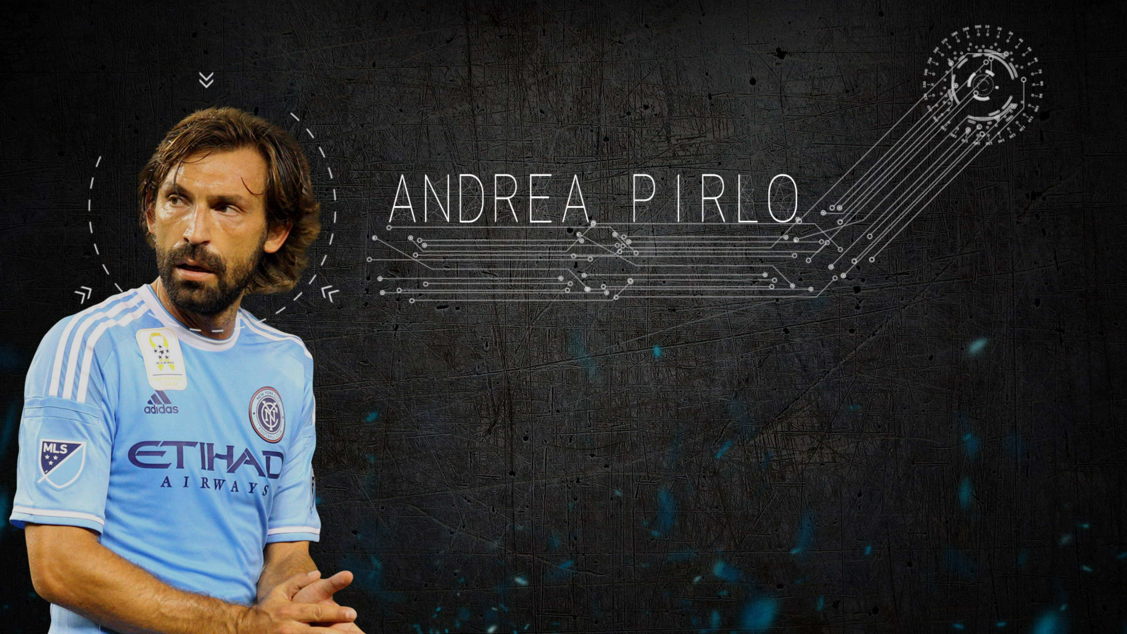 Andrea Pirlo, light blue soccer jersey, dark textured background, 4K Desktop Wallpaper