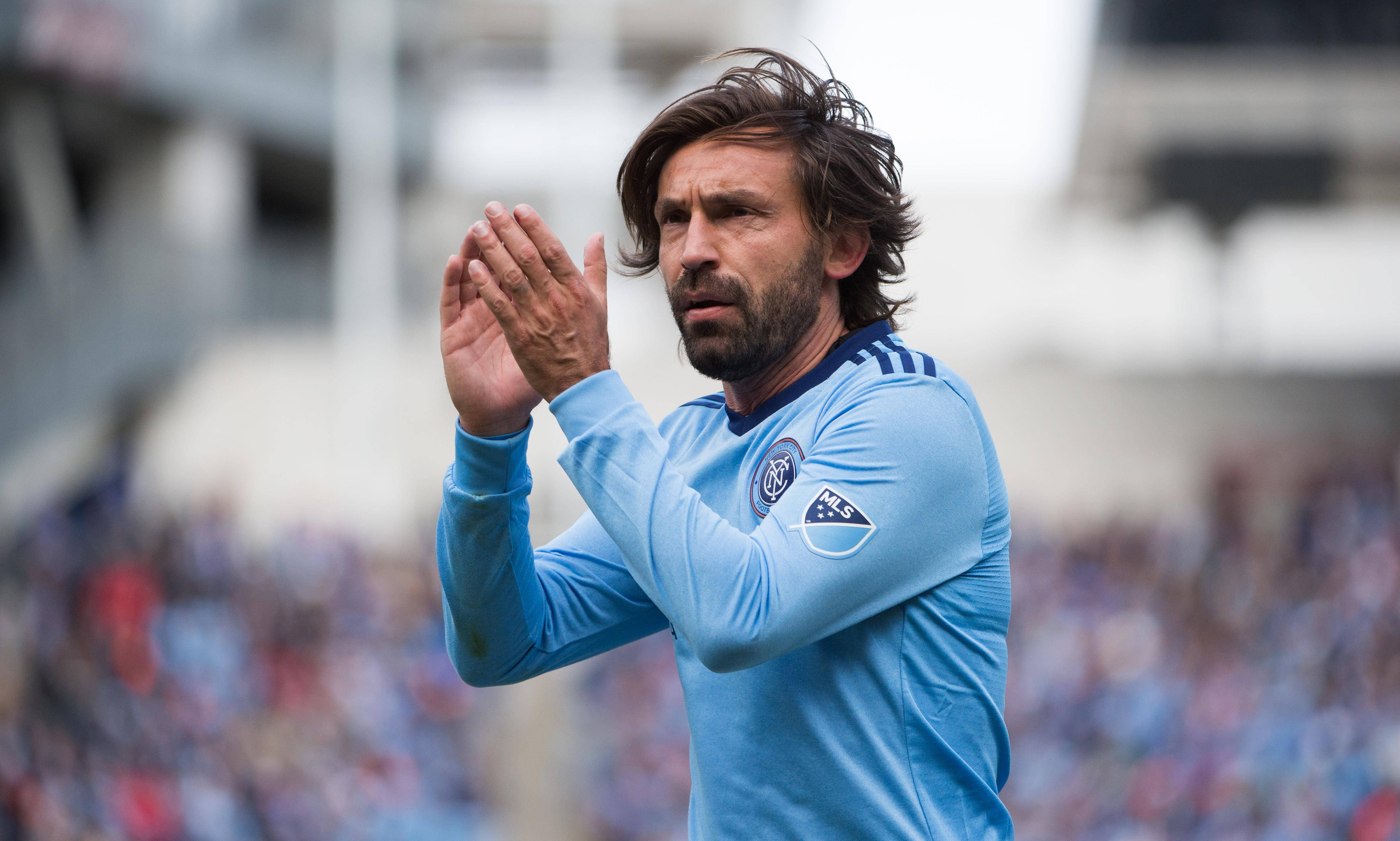 Andrea Pirlo, light blue jersey, stadium field, 4K Desktop Wallpaper