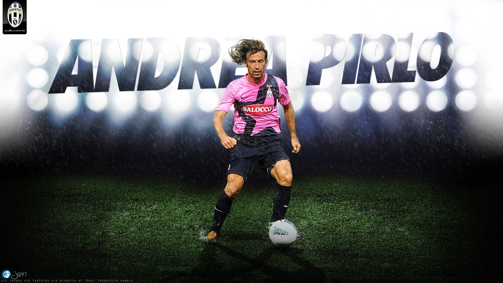 Andrea Pirlo, rain-slicked pitch, bright stadium lights, Full HD Desktop Wallpaper