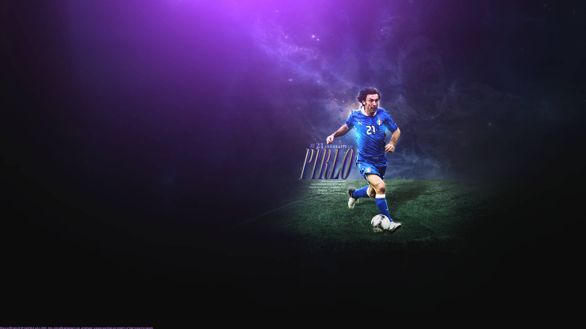 Andrea Pirlo, purple cosmic lighting, blue jersey, Full HD Desktop Wallpaper