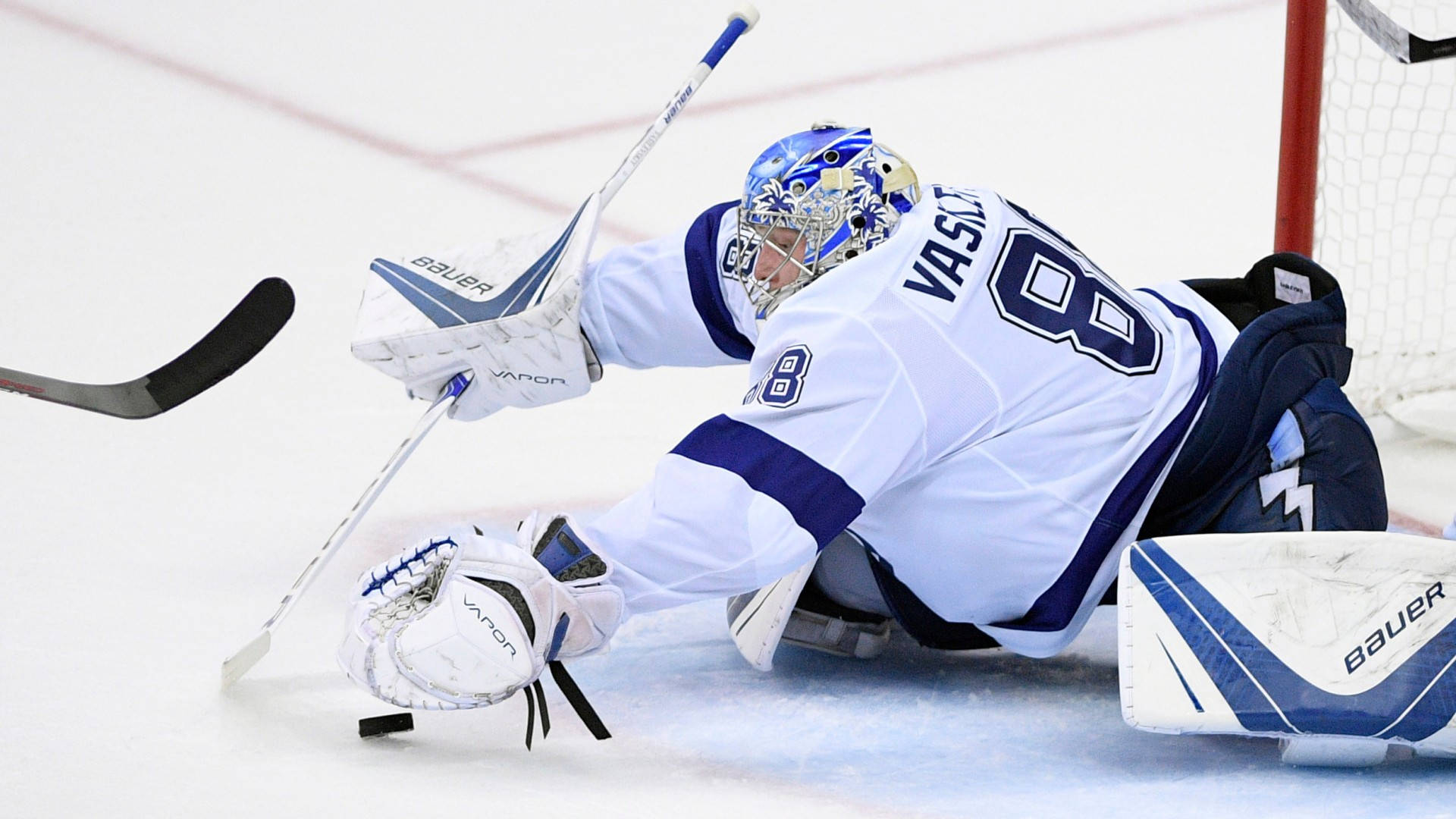 Andrei Vasilevskiy, hockey goaltender, white and blue gear, Full HD Desktop Wallpaper