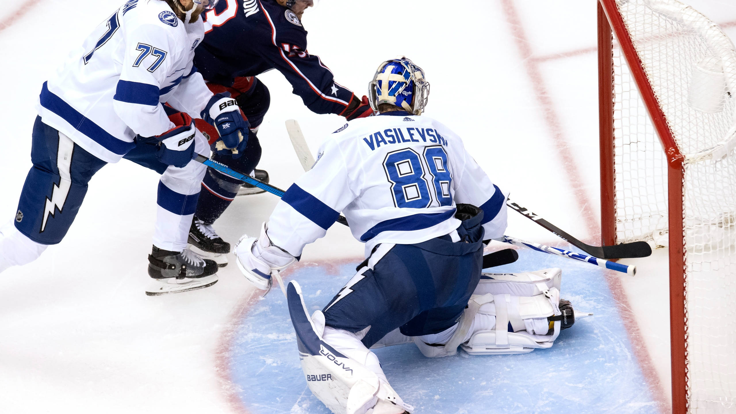 Andrei Vasilevskiy, white and blue gear, hockey goalie, 2K Desktop Wallpaper