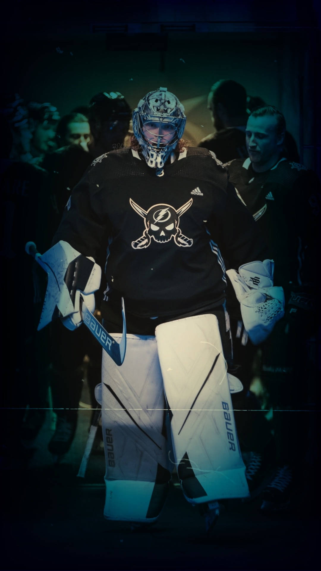 Andrei Vasilevskiy, black and white gear, dim arena lights, Full HD Phone Wallpaper