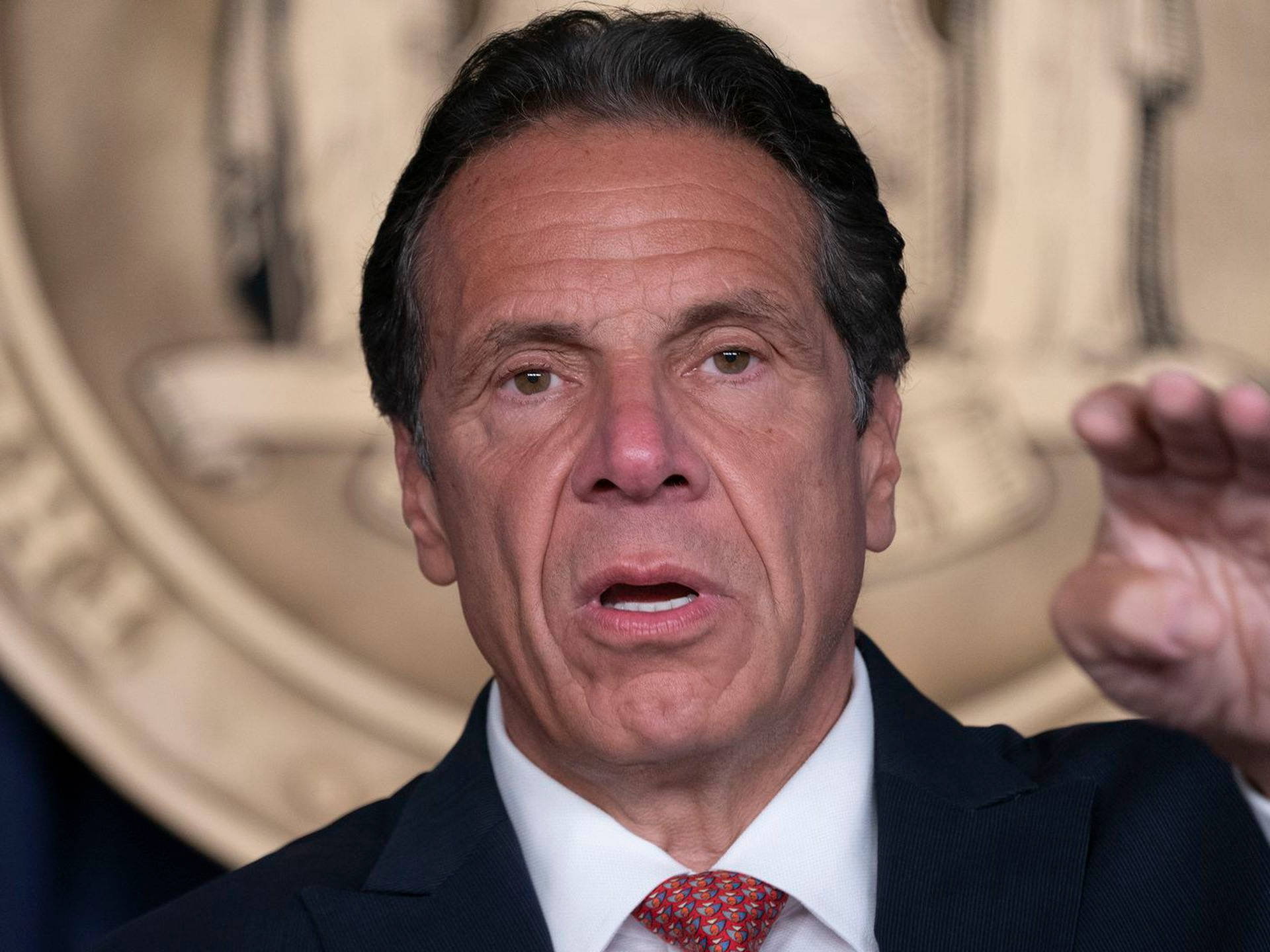 Andrew Cuomo, dark suit, red patterned tie, Full HD Desktop Wallpaper