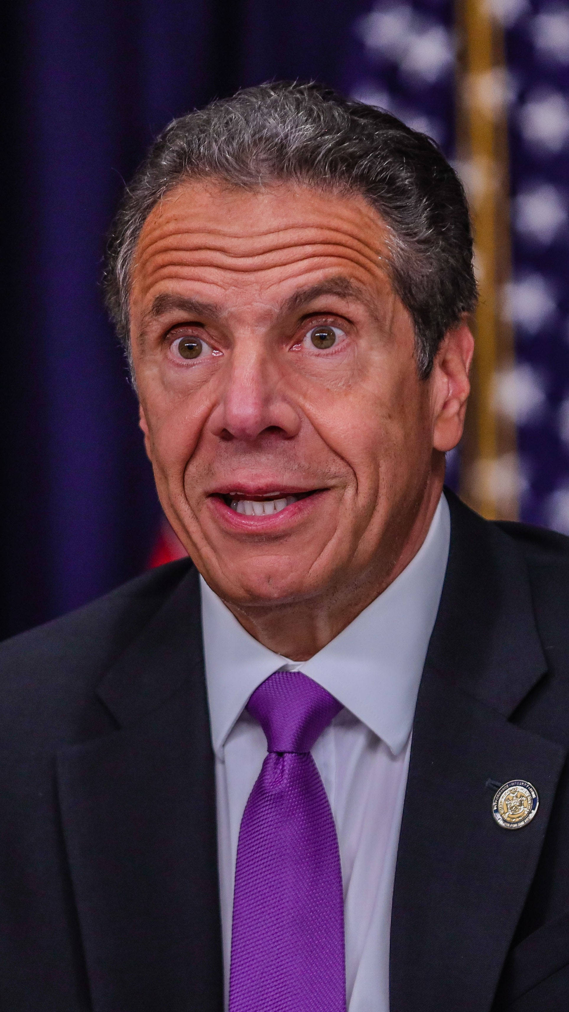 Andrew Cuomo, dark suit, vibrant purple tie, 2K Phone Wallpaper