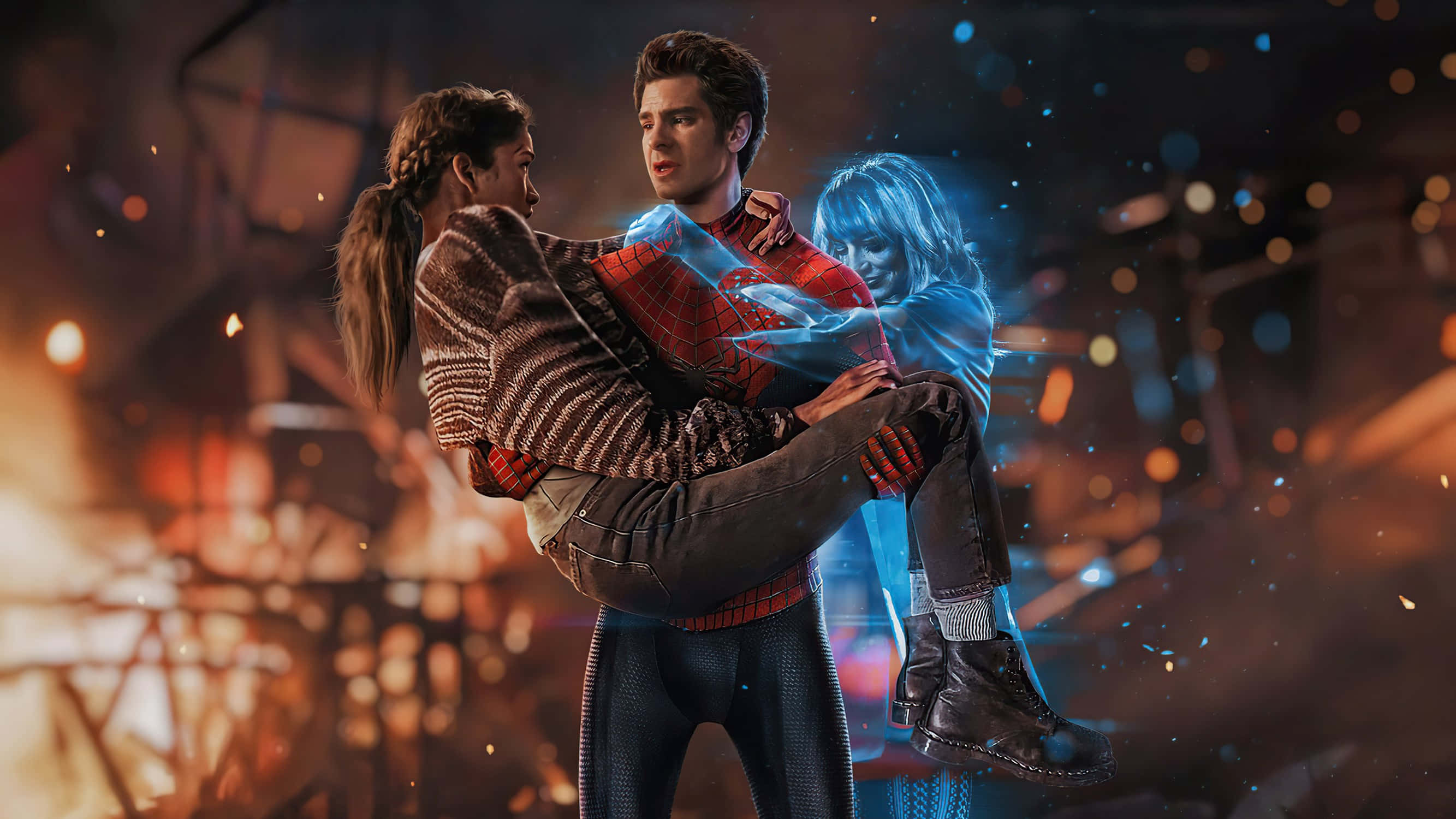 Andrew Garfield Spider Man, city, fiery urban scene, 2K Desktop Wallpaper