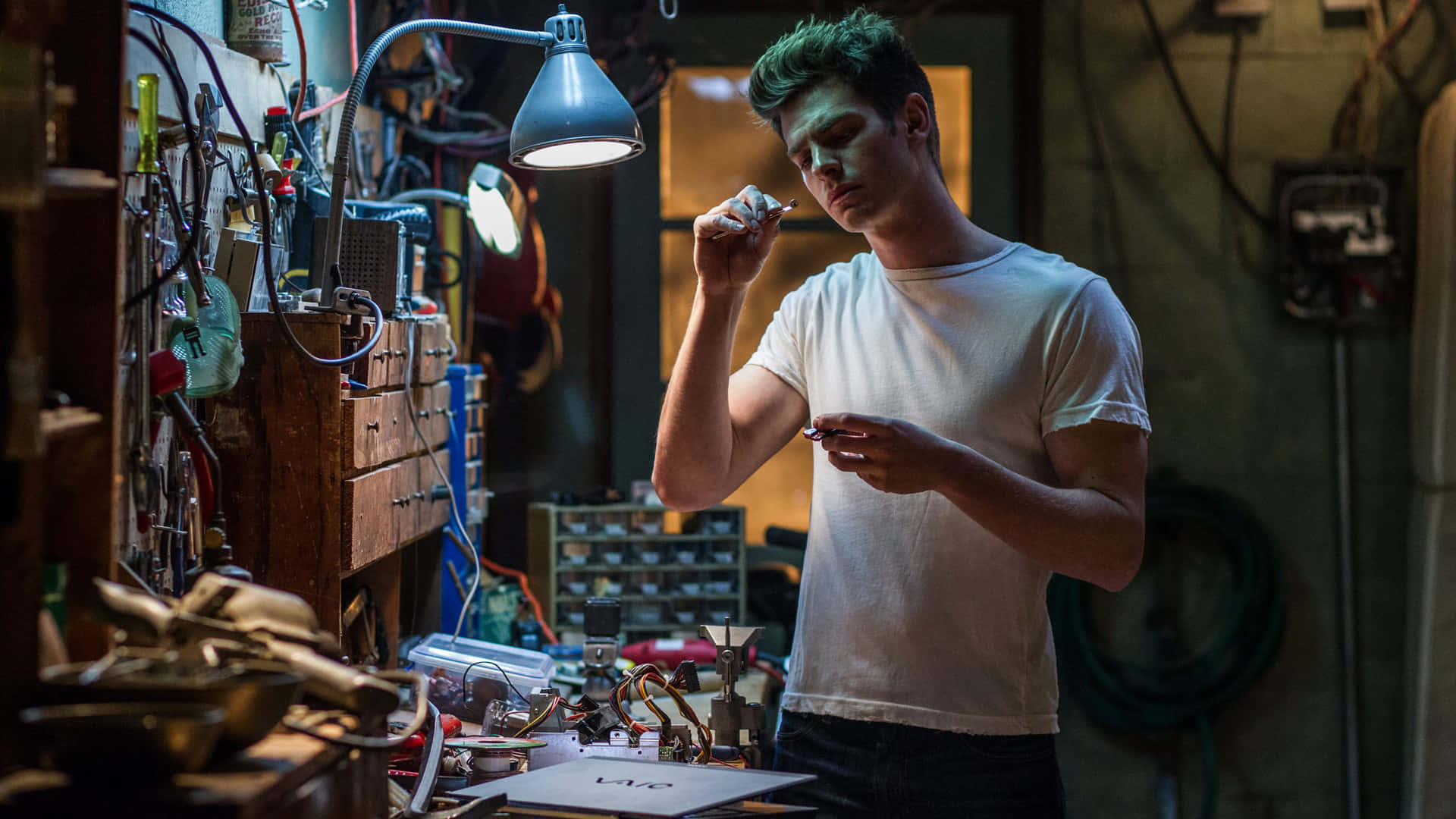 Andrew Garfield Spider Man, white t-shirt, work lamp, Full HD Desktop Wallpaper