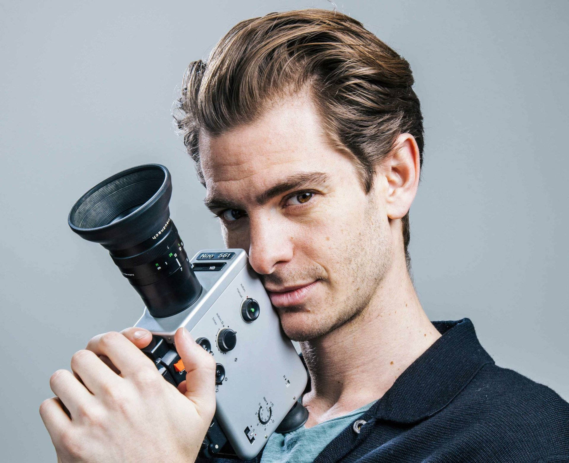 Andrew Garfield, silver camera, black lens, Full HD Desktop Wallpaper