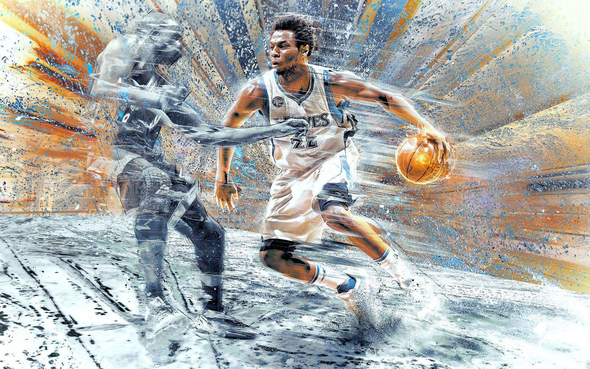 Andrew Wiggins, white jersey, blurred defender, Full HD Desktop Wallpaper