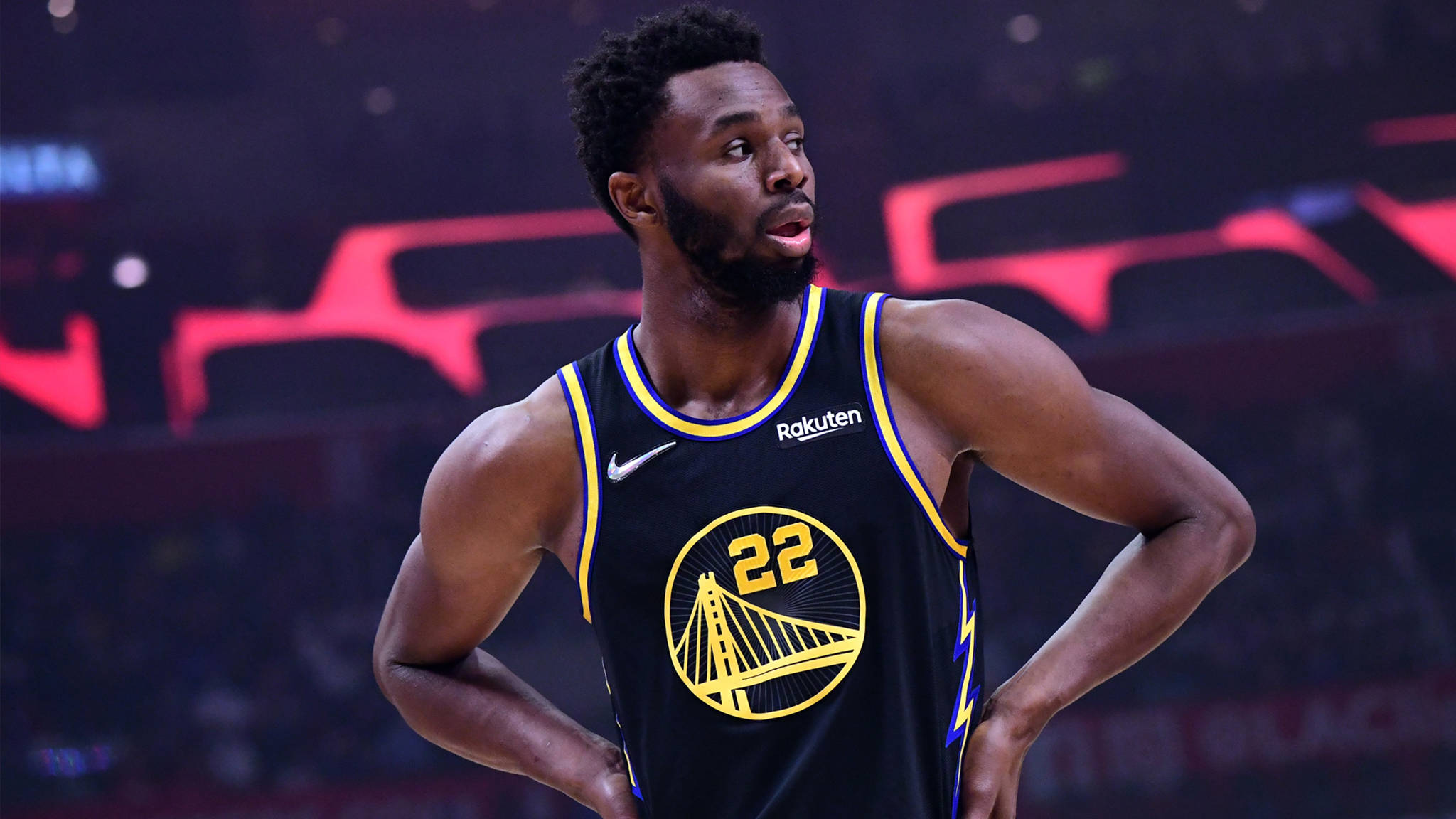 Andrew Wiggins, black and gold jersey, arena lights, Full HD Desktop Wallpaper