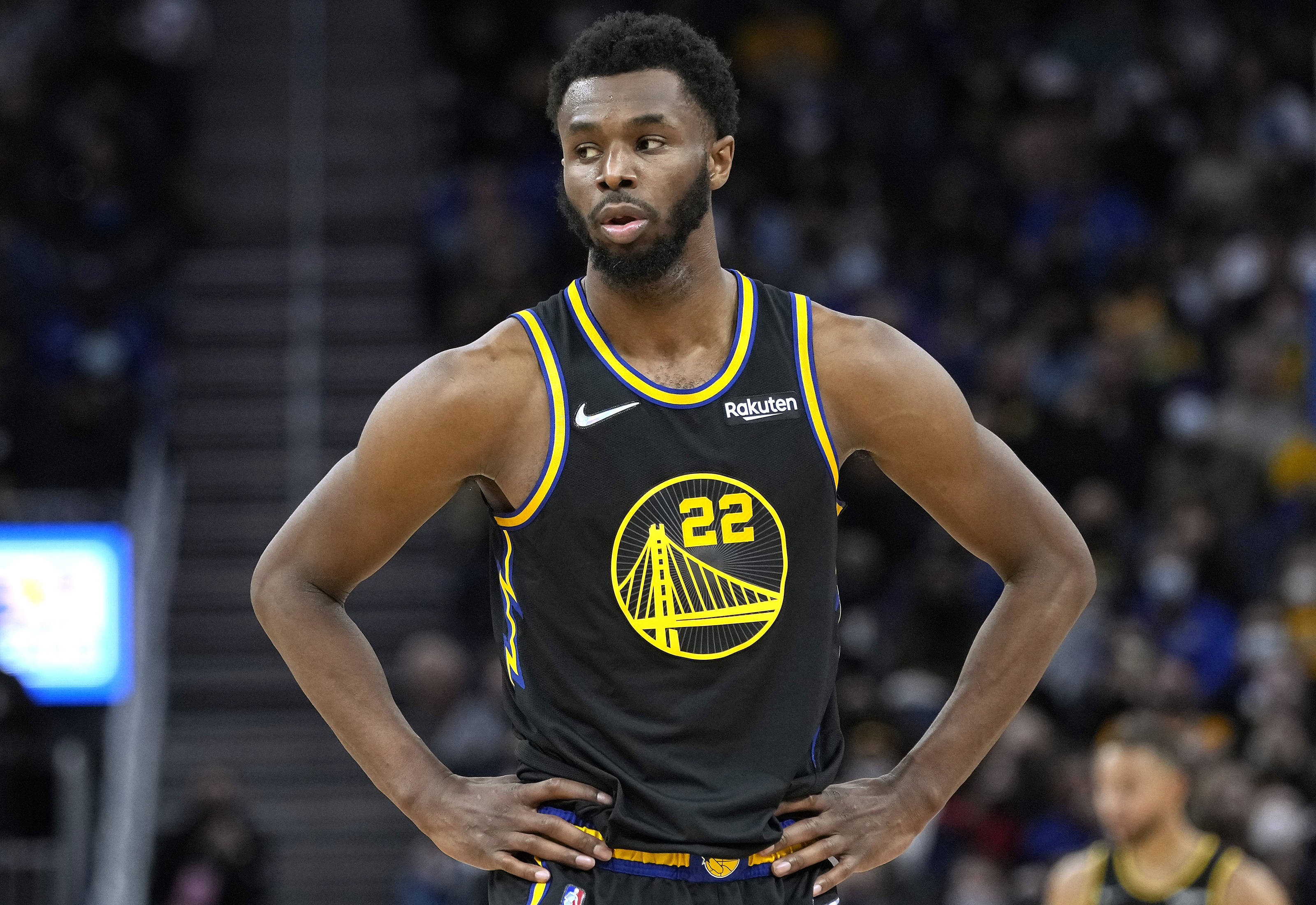 Andrew Wiggins, black and yellow jersey, arena lights, 2K Desktop Wallpaper