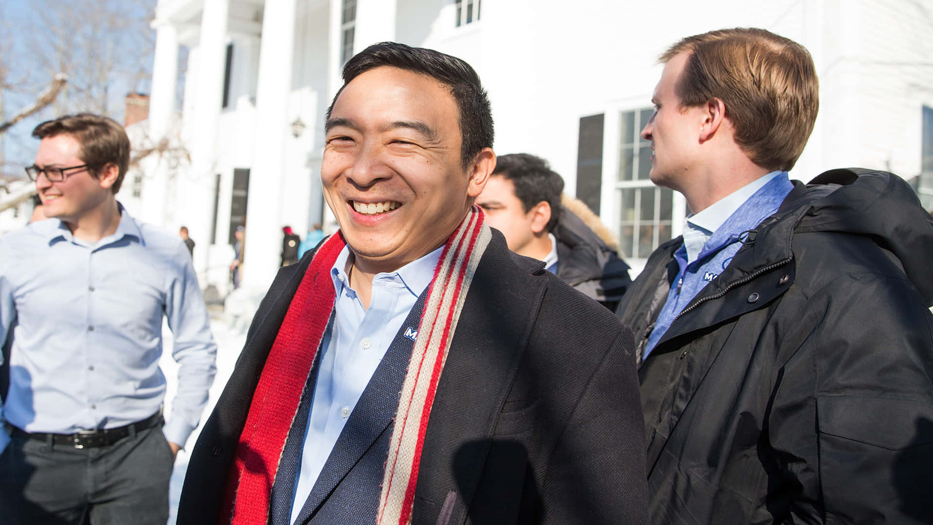 Andrew Yang, dark coat, red scarf, Full HD Desktop Wallpaper