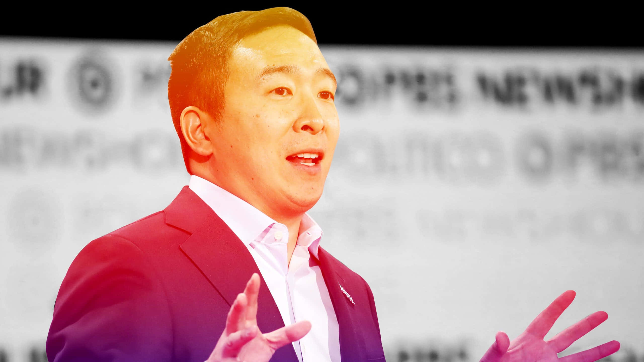 Andrew Yang, orange edit, red suit, 2K Desktop Wallpaper