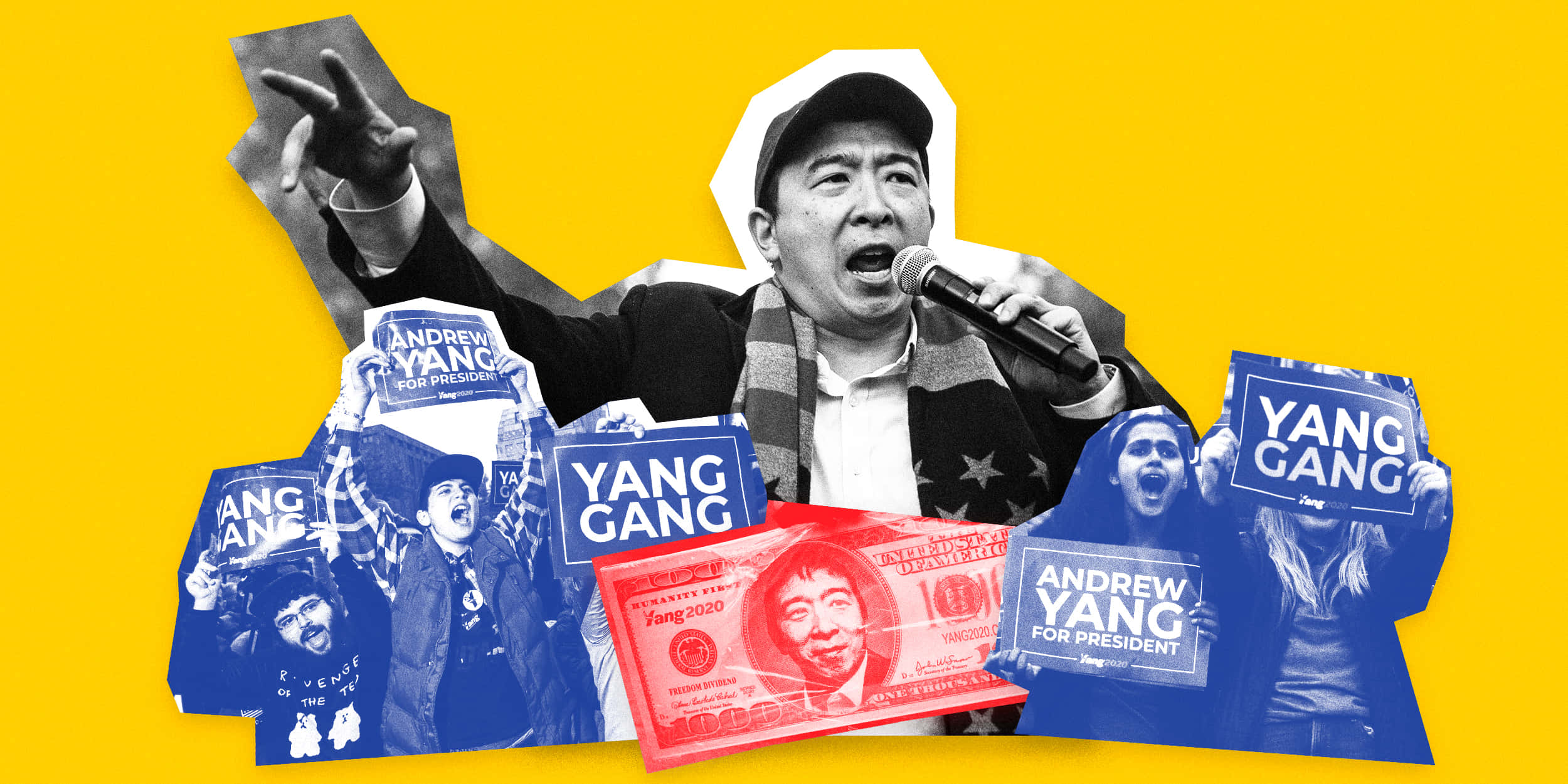 Andrew Yang, black and white collage, mic, Full HD Desktop Wallpaper