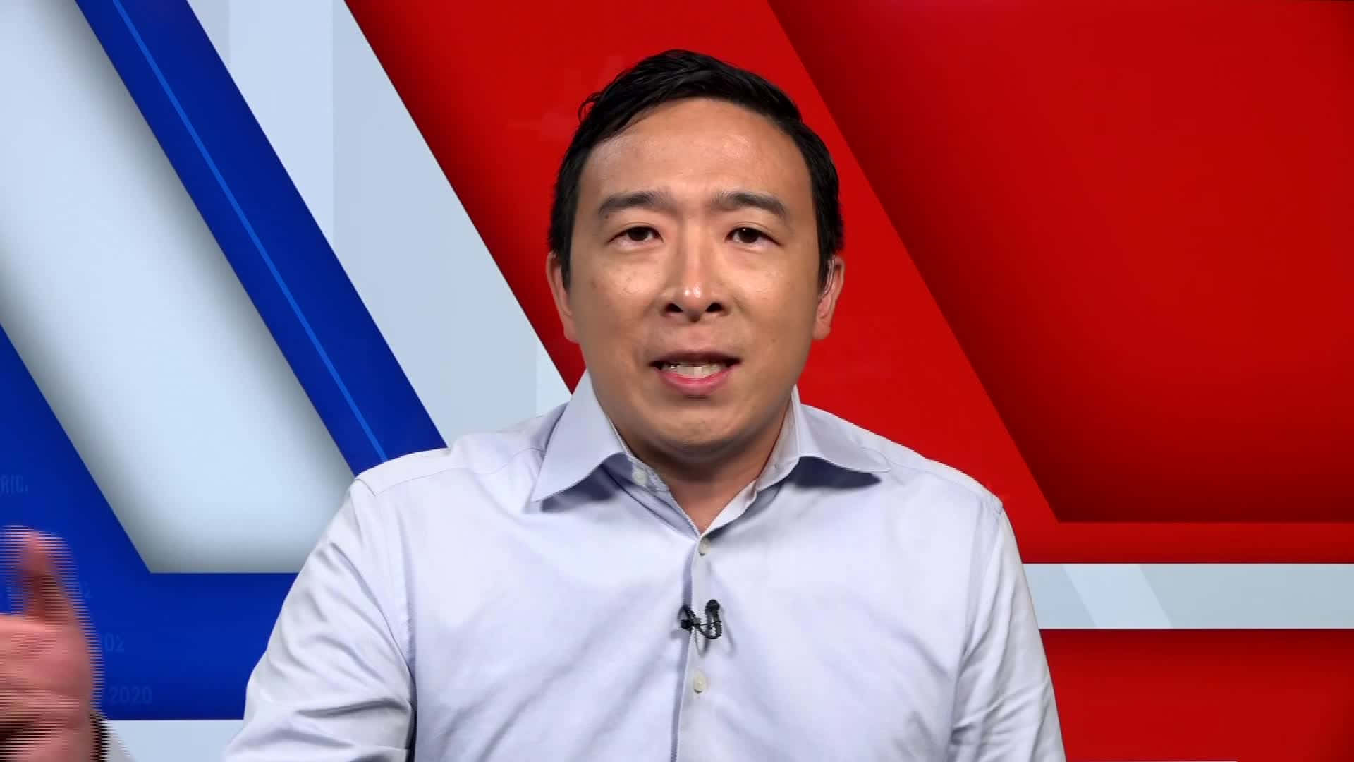 Andrew Yang, light blue shirt, bold red white and blue geometric background, Full HD Desktop Wallpaper