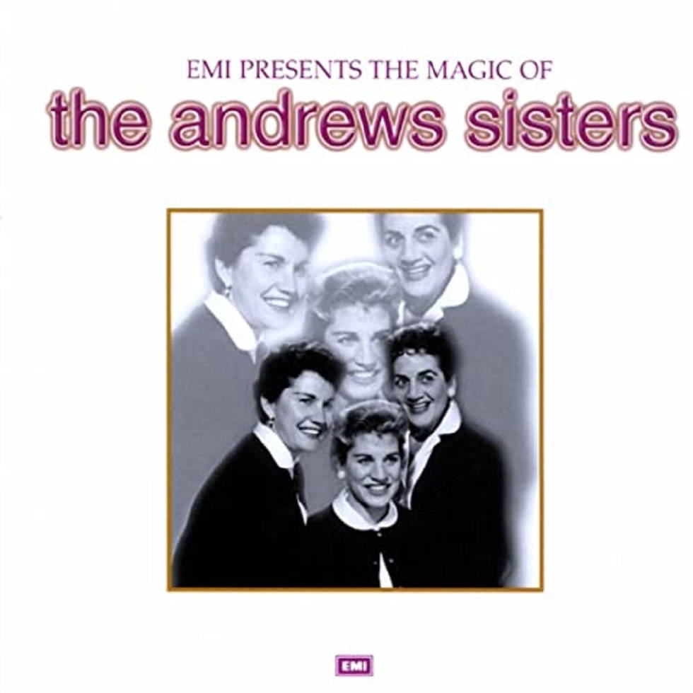 Andrews Sisters, black-and-white photo, purple text, SD Desktop Wallpaper