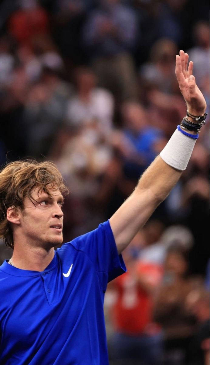 Andrey Rublev, blue shirt, waving to fans, SD Phone Wallpaper