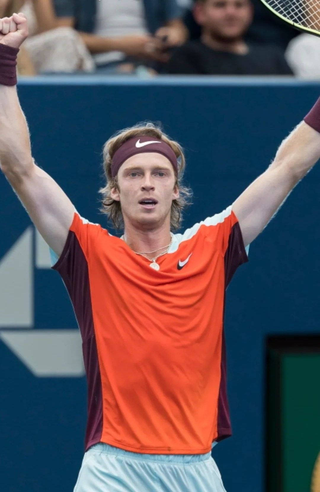 Andrey Rublev, orange tennis shirt, blue court, HD Phone Wallpaper